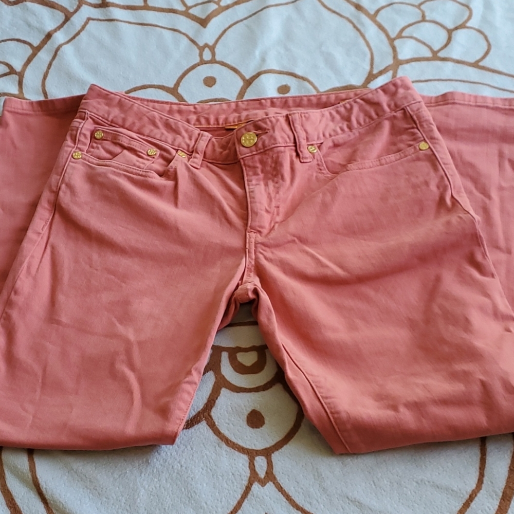 Tory Burch Alexa Cropped Skinny Jeans Coral Sz 28